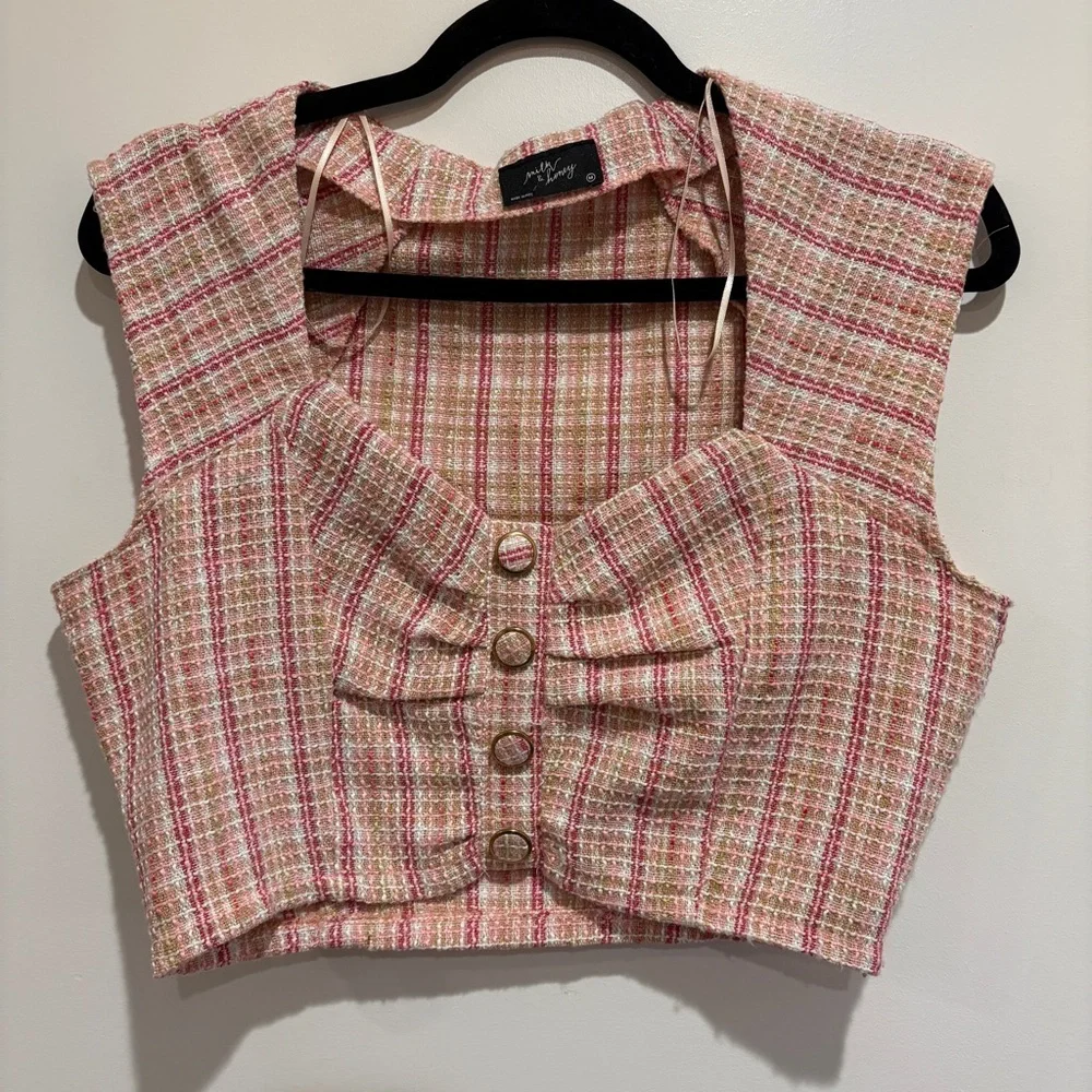 Milk and Honey Pink Tweed Crop Top Women's Skirt Set - Picture 2 of 7
